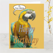 Funny Talking Parrot Birthday Cust. Greeting Card (Yellow Flower)
