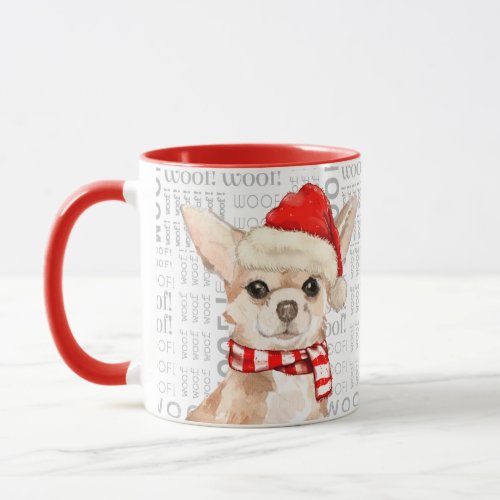 Funny Tan Chihuahua and Woof Word Art Christmas Mug