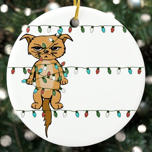 Funny Tangled Grumpy Holiday Cat Christmas Tree Ceramic Ornament