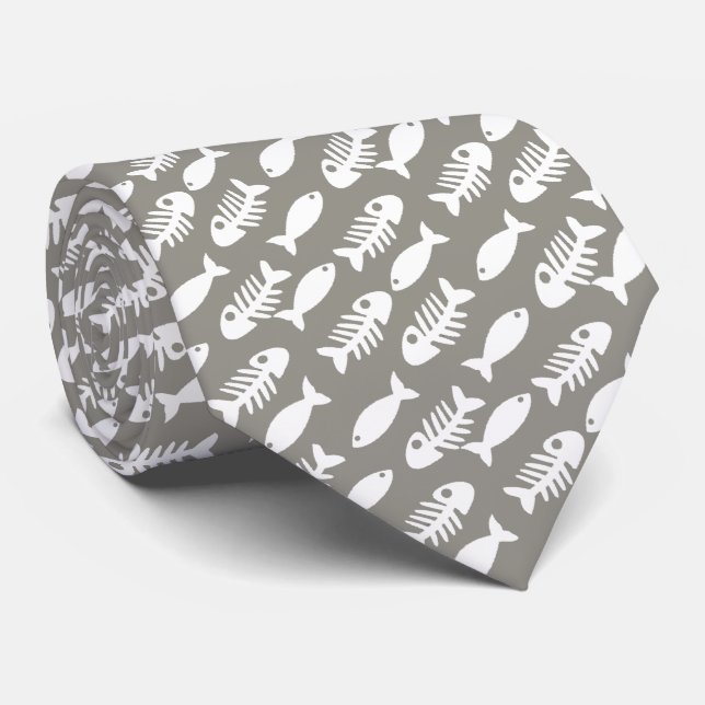 Funny Taupe Beige White Retro Fish Pattern Neck Neck Tie (Rolled)