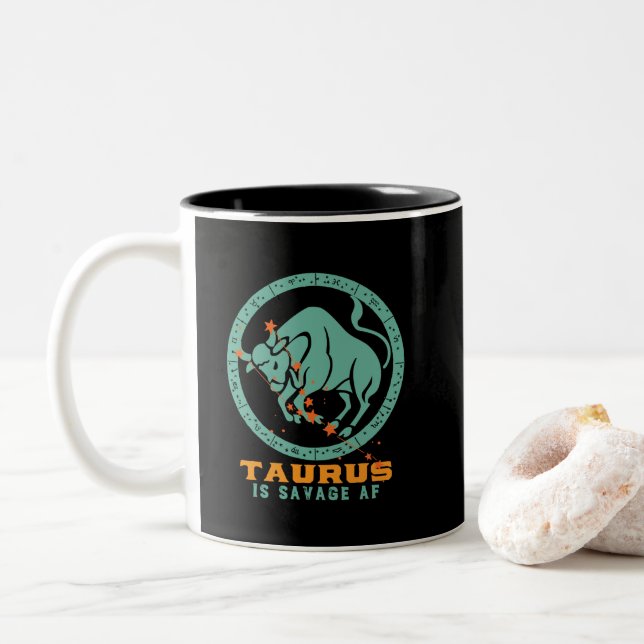 Funny Taurus Zodiac Star Sign Astrology Birthday Two-Tone Coffee Mug (With Donut)