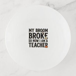 Funny Teacher Broom Broke Vintage Halloween Design Trinket Tray