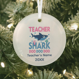 Funny Teacher shark add name word art  Glass Ornament