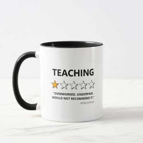 Funny Teaching Would Not Recommend Mug - Funny teacher mug featuring the word "teaching", with 1 out of 5 stars, a bad review saying "overworked, underpaid, would not recommend it", and their name.