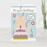 Funny Teal Blue Cat Time For Cake Happy Birthday Card