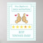 Funny Teal Blue Thumbs Up Best Teacher Ever Poster