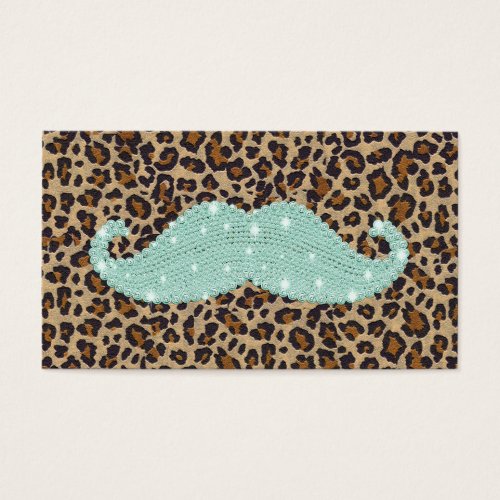 Funny Teal Green Bling Mustache And Animal Print Business Card