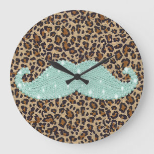 Funny Teal Green Bling Mustache And Animal Print Large Clock
