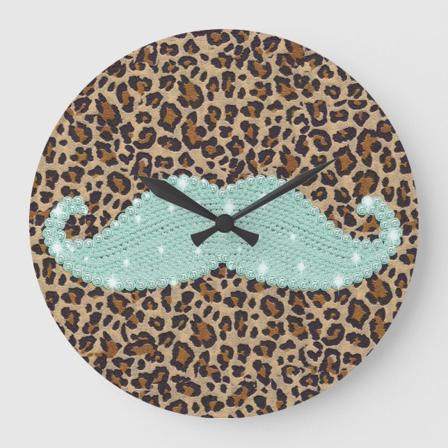 Funny Teal Green Bling Mustache And Animal Print Large Clock (Front)