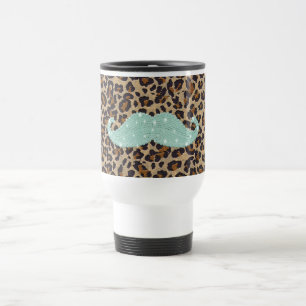Funny Teal Green Bling Mustache And Animal Print Travel Mug