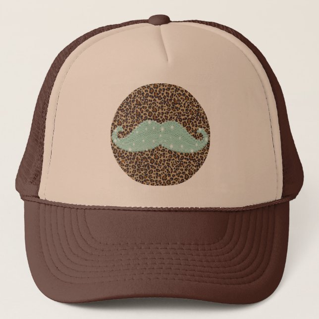 Funny Teal Green Bling Mustache And Animal Print Trucker Hat (Front)