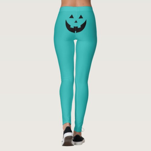 Funny teal Jack o lantern pumpkin face Halloween Leggings