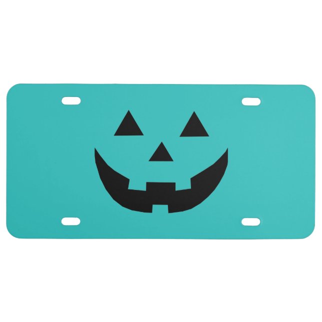 Funny teal Jack o lantern pumpkin face Halloween License Plate (Front)