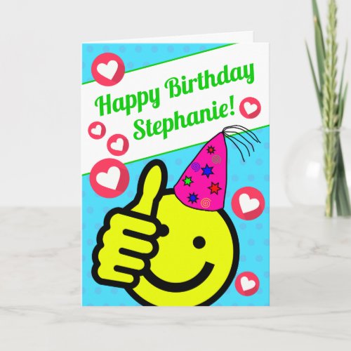 Funny Teal Smile Face Your Name Happy Birthday Card