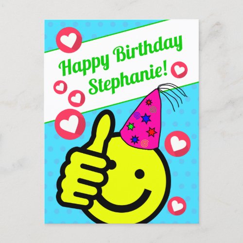 Funny Teal Smile Face Your Name Happy Birthday Postcard