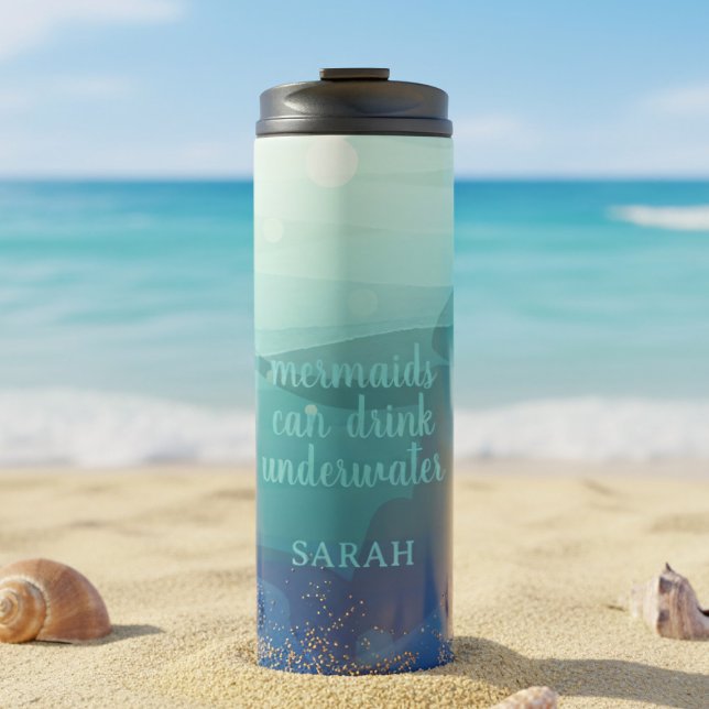 Funny Teal Watercolor Mermaid Thermal Tumbler (Keep your drinks cool by the ocean. Perfect for beach days and sunny adventures. A summer essential!)