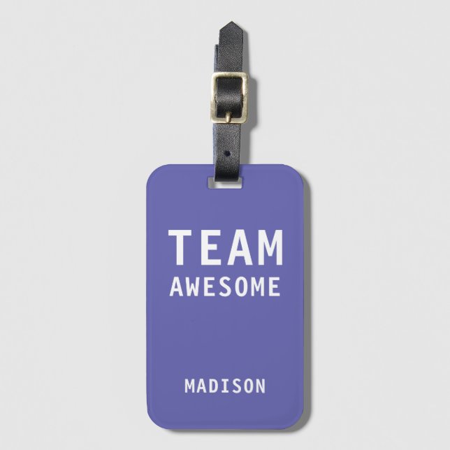 Funny Team Awesome Purple Personalized Name Luggage Tag (Front Vertical)