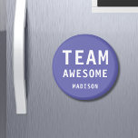 Funny Team Awesome Purple Personalized Name Magnet<br><div class="desc">Funny Team Awesome Purple Personalized Name Magnets features the text "Team Awesome" with your personalized name below on a purple background. Personalize by editing the text in the text box provided. Designed for you by ©Evco Studio www.zazzle.com/store/evcostudio</div>