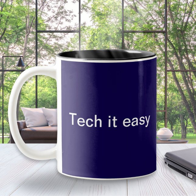 Funny Tech Humor Computer Programmer Monogrammed Two-Tone Coffee Mug (A funny mug with technology pun 'Tech it easy'. An ideal gift for computer and I.T. professionals)