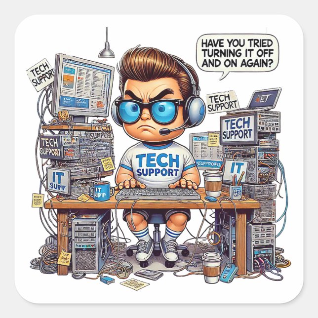 Funny Tech Support Cartoon Square Sticker (Front)