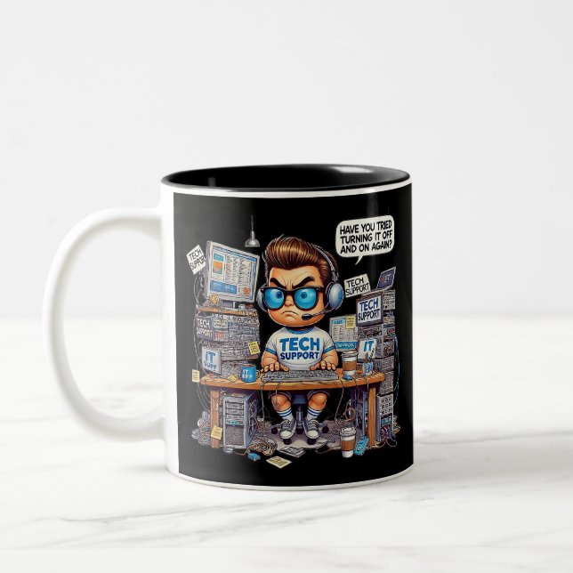 Funny Tech Support Cartoon Two-Tone Coffee Mug (Left)