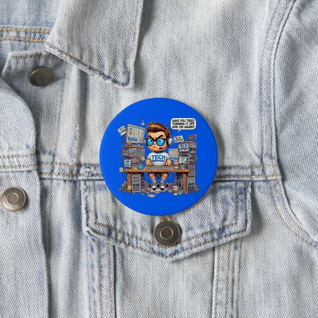 Funny Tech Support Tee Shirt Cartoon Button (In Situ)