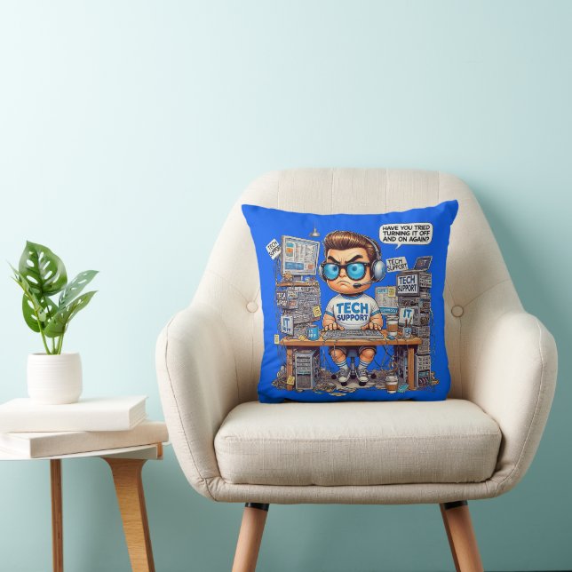 Funny Tech Support Tee Shirt Cartoon Throw Pillow (Chair)