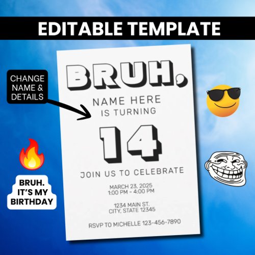 Funny Teen Boy Birthday Invitation | Bruh Meme