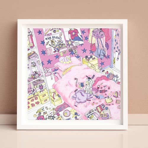 Funny Teenager Girls Messy Bedroom Cute Pink Art Photo Print