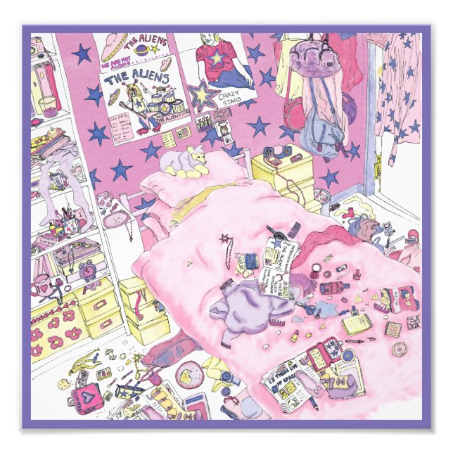 Funny Teenager Girls Messy Bedroom Pink Art Humor Photo Print (Front)