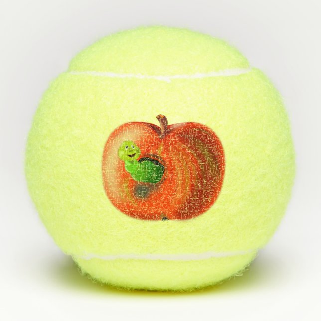 Funny Tennis Balls with Happy Worm In Apple (Front)