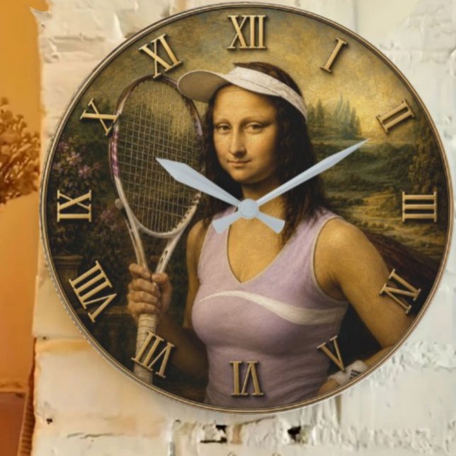 Funny Tennis Mona Lisa  Large Clock (Creator Uploaded)