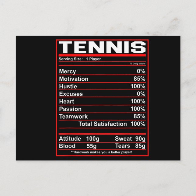 Funny Tennis Nutrition Facts Women Men Announcement Postcard (Front)