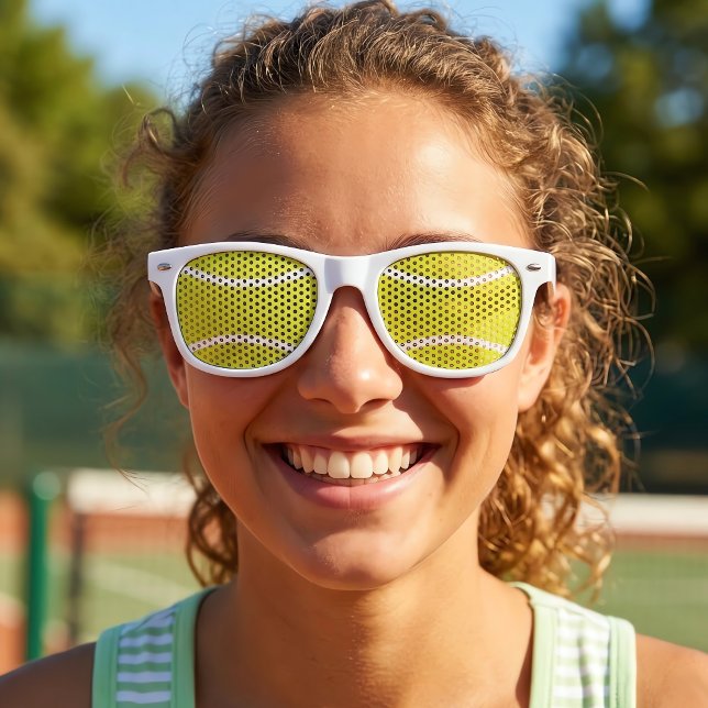 Funny Tennis Party or Event Tennis Ball Retro Sunglasses (Happy tennis player wearing tennis ball sunglasses party shades.)