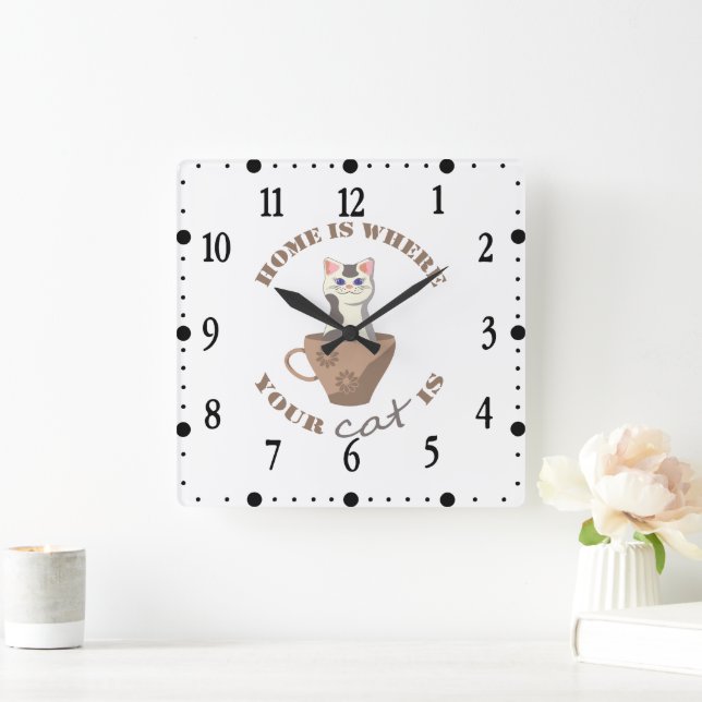 Funny text Home is where your cat is in cup Square Wall Clock (Home)