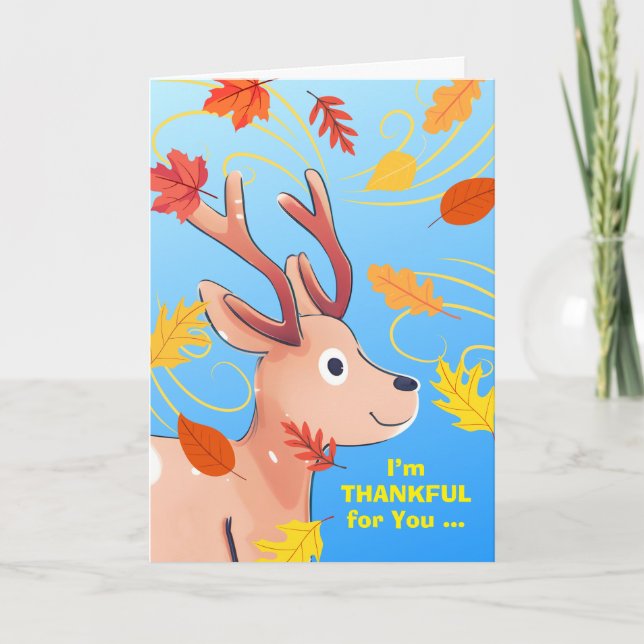Funny Thanksgiving Baby Deer with Autumn Leaves Card (Front)