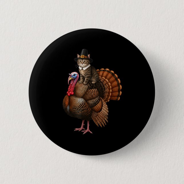 Funny Thanksgiving Cat On Turkey, Lgrim Hat Turkey Button (Front)