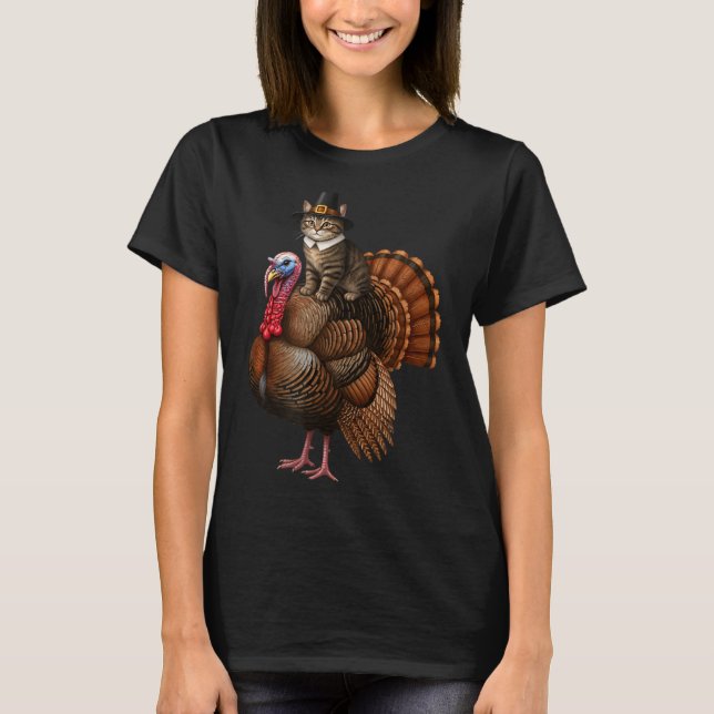 Funny Thanksgiving Cat On Turkey, Lgrim Hat Turkey T-Shirt (Front)