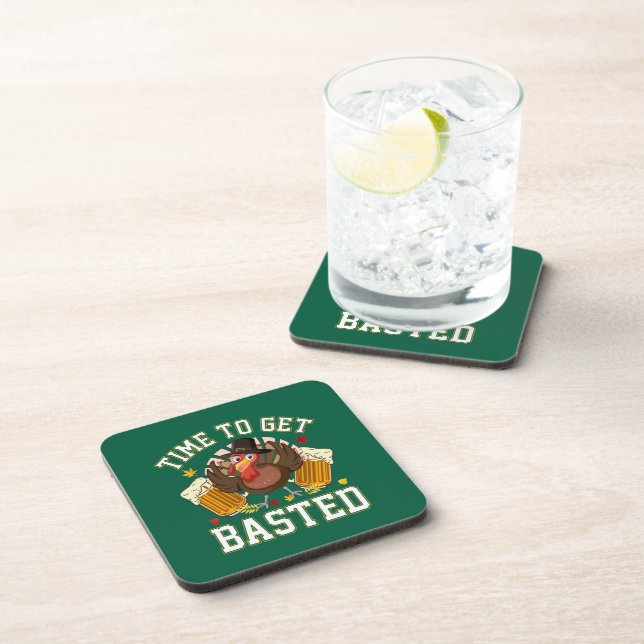 Funny Thanksgiving drinking beer turkey  Beverage Coaster (Right Side)