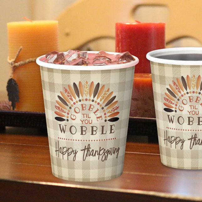 Funny Thanksgiving Gobble Til You Wobble Plaid Paper Cups (Creator Uploaded)