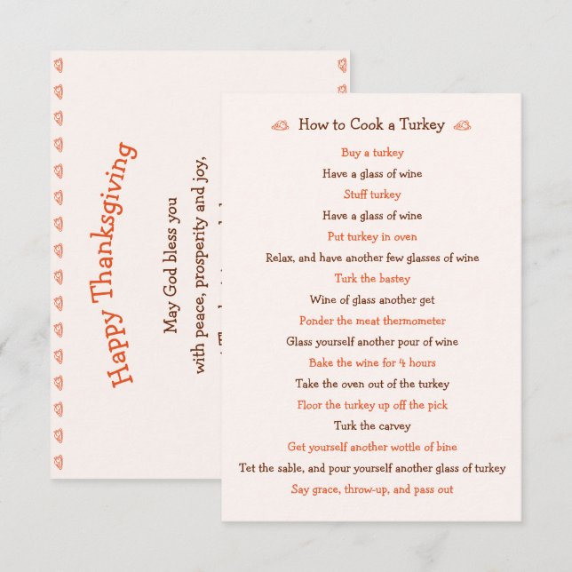 Funny Thanksgiving How To Roast Turkey Recipe Card (Front/Back)