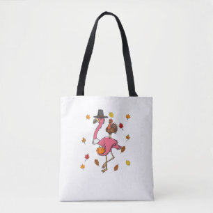 Funny Thanksgiving Pilgrim Flamingo With Turkey Cu Tote Bag