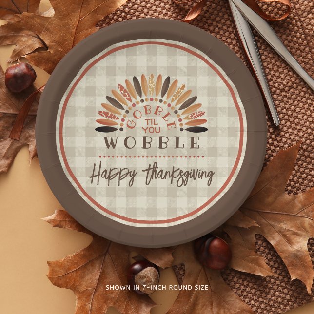Funny Thanksgiving Plaid Gobble Til You Wobble Paper Plates (Creator Uploaded)