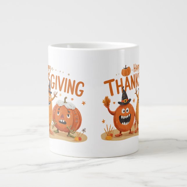 Funny Thanksgiving Pumpkins in Witch Hats Cartoon  Giant Coffee Mug (Front)