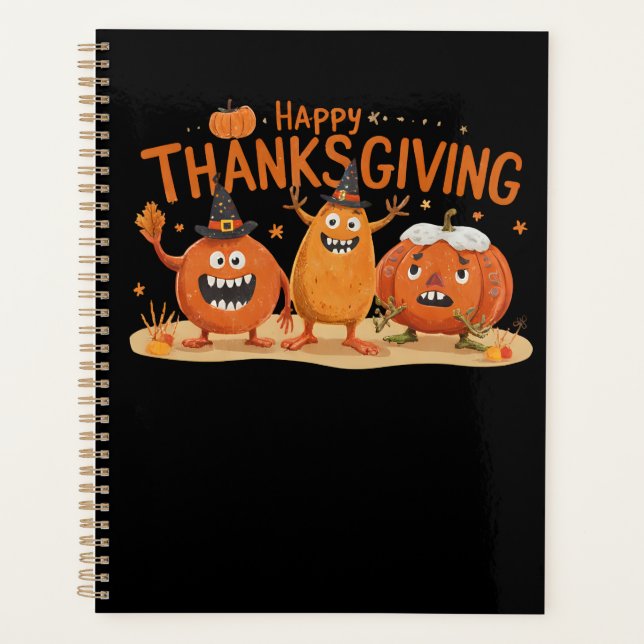 Funny Thanksgiving Pumpkins in Witch Hats Cartoon  Planner (Front)
