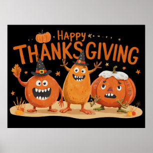 Funny Thanksgiving Pumpkins in Witch Hats Cartoon  Poster