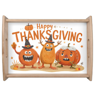 Funny Thanksgiving Pumpkins in Witch Hats Cartoon  Serving Tray