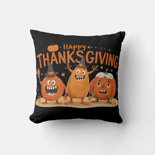 Funny Thanksgiving Pumpkins in Witch Hats Cartoon  Throw Pillow (Front)