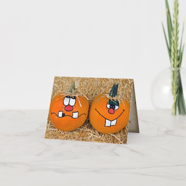 funny Thanksgiving pumpkins on hay bale Card (Front)