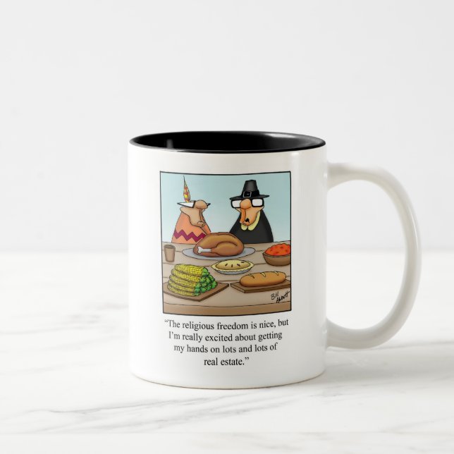 Funny Thanksgiving Religious Freedom & Real Estate Two-Tone Coffee Mug (Right)